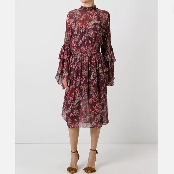 IRO Aamito Dress Burgundy Multi 40 EU/8 US Floral Boho Print Smocked Georgette - Picture 1 of 15